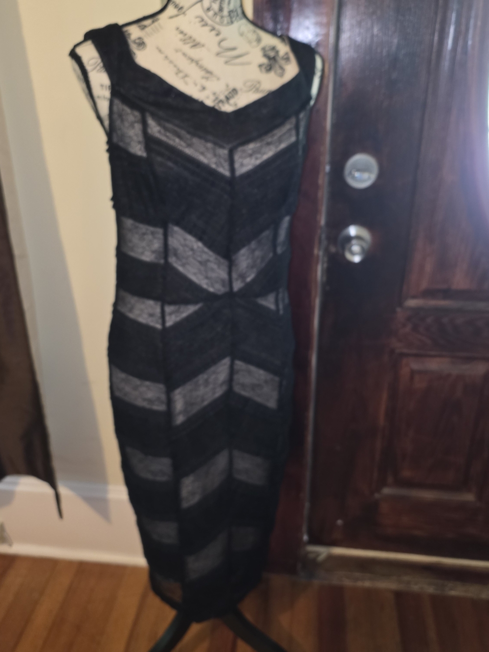 bebe Black Chevron Mesh Midi Cocktail Dress with Sheer Insets